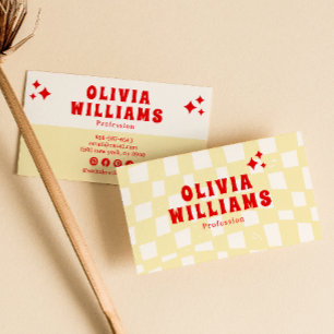 Retro Yellow Bold Groovy Chequered Funky Trendy Business Card