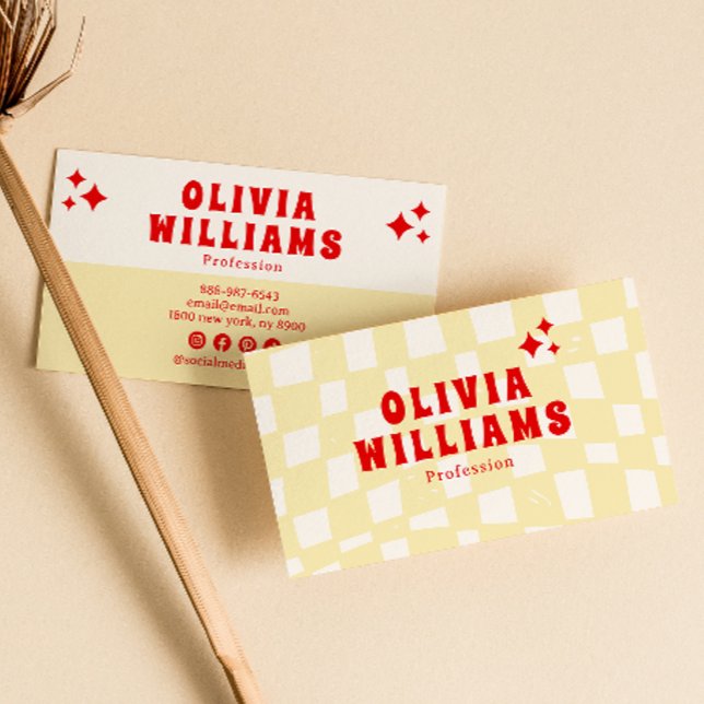 Retro Yellow Bold Groovy Chequered Funky Trendy Business Card (Creator Uploaded)
