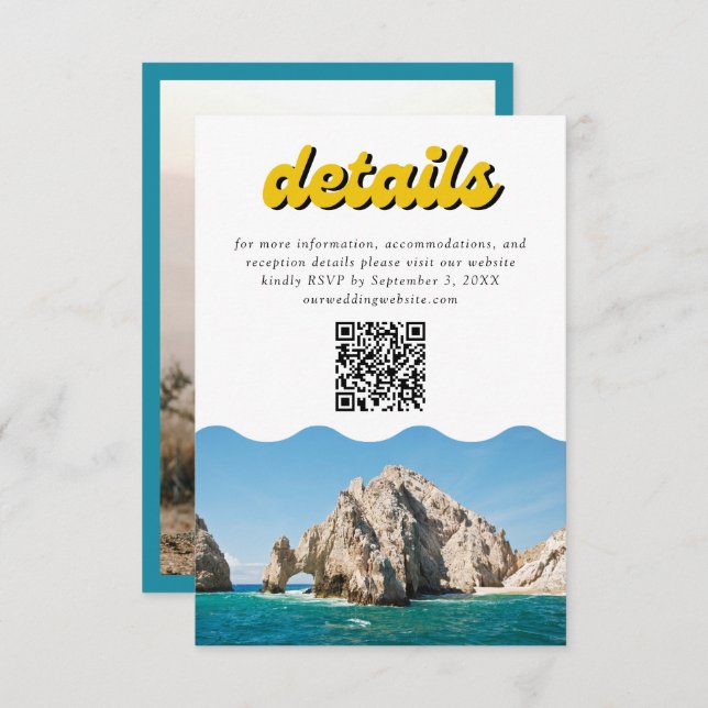 Retro Yellow Cabo Wedding Details QR Code Enclosure Card (Front/Back)