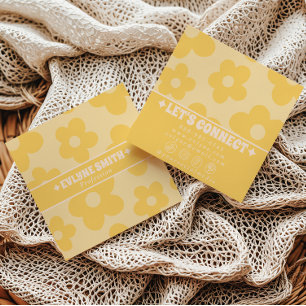Retro Yellow Cream Groovy Floral Trendy Fun Boho Square Business Card