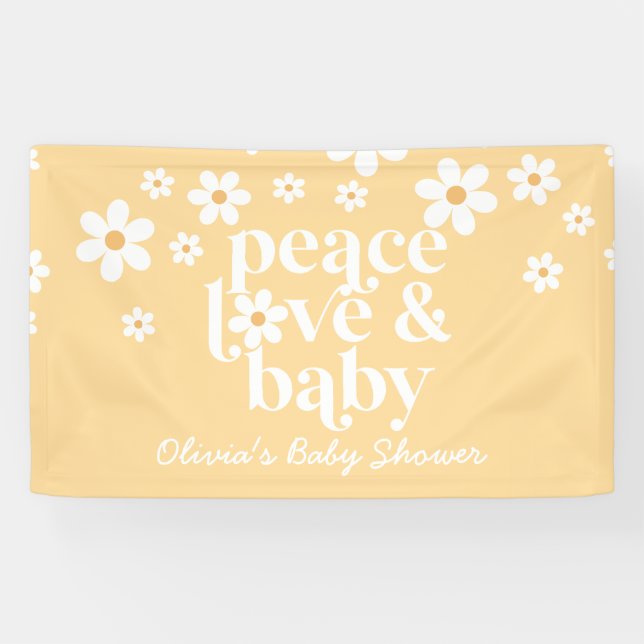 Retro yellow Daisy boho Peace Love baby shower Banner (Horizontal)
