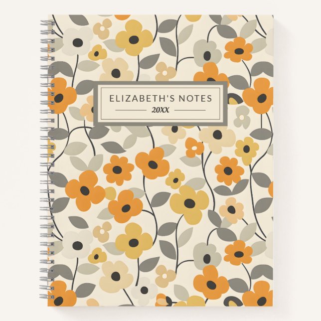 Retro Yellow Floral Pattern Monogram Journal (Front)