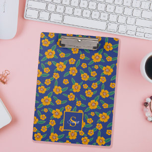 Retro Yellow Flower Pattern Monogram Name – Blue Clipboard