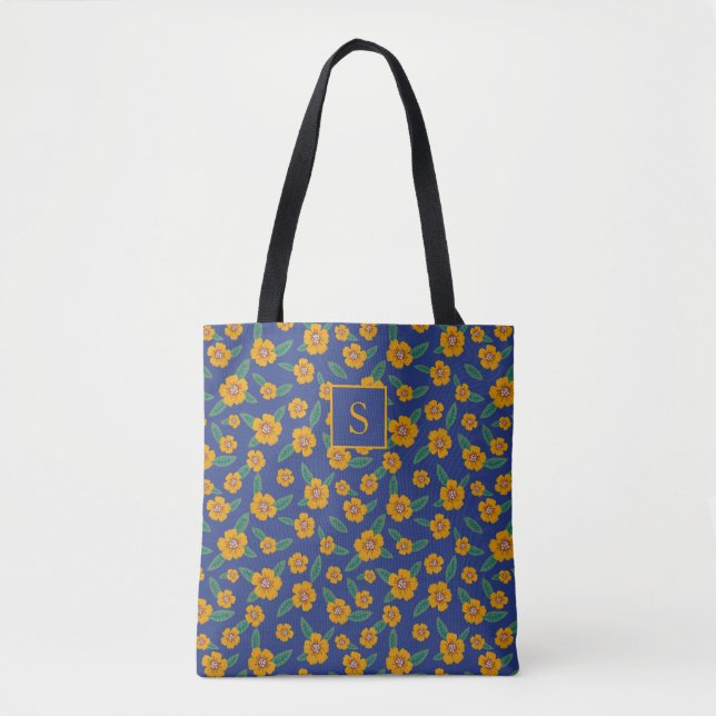 Retro Yellow Flowers Pattern Monogram Navy Tote Bag (Front)