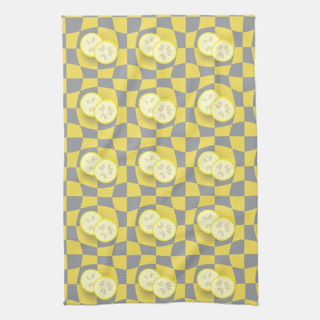 Retro Yellow Grey Lemon Slices Fruit Pattern Kitchen Towel (Vertical)