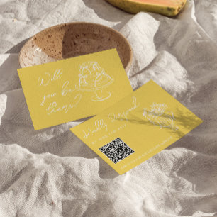 Retro Yellow Hand Drawn Floral QR Code Wedding RSVP Card