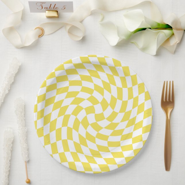 Retro Yellow Lemon Checked Warped Chequerboard Paper Plate (Wedding)