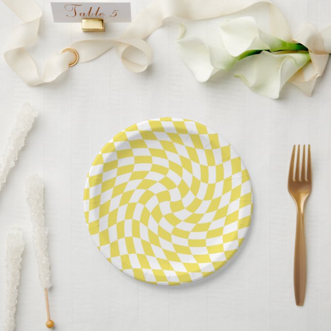 Retro Yellow Lemon Checked Warped Chequerboard Paper Plate (Wedding)