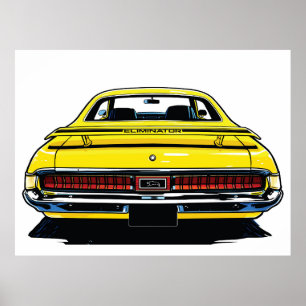 Retro Yellow Muscle Car Rear Pop Art Illustration Poster