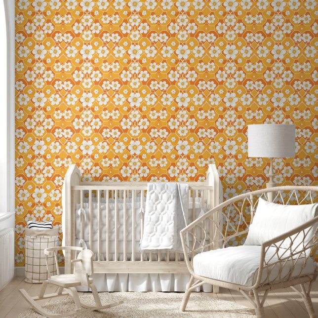 Retro Yellow Orange Flower Daisies Floral Pattern Wallpaper (Kids)