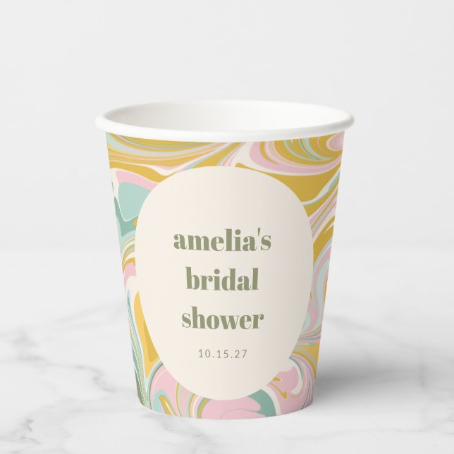 Retro Yellow Pastel Abstract Custom Bridal Shower Paper Cups (Front)