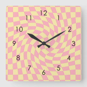 Retro Yellow Pink Check Warped Chequered Dorm Square Wall Clock