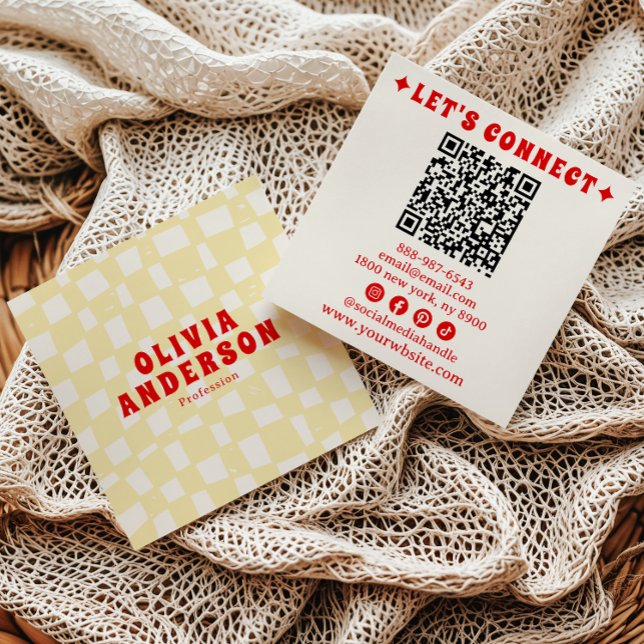 Retro Yellow Red QR Code Groovy Chequered Boho Square Business Card (Creator Uploaded)