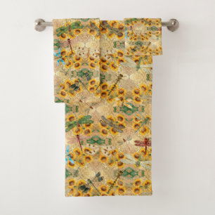 Retro Yellow Sunflower Multicolored Dragonflies Bath Towel Set