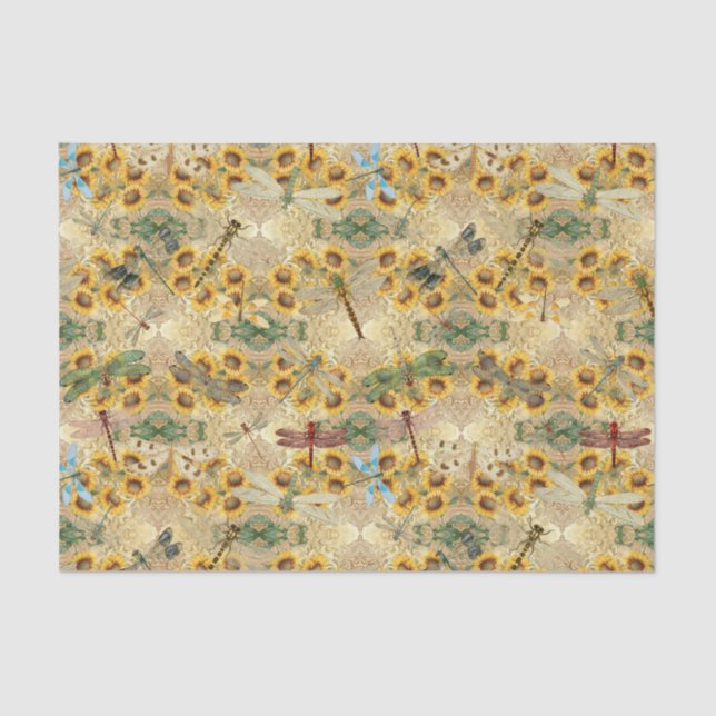  Retro Yellow Sunflower Multicolored Dragonflies Tissue Paper (Front)