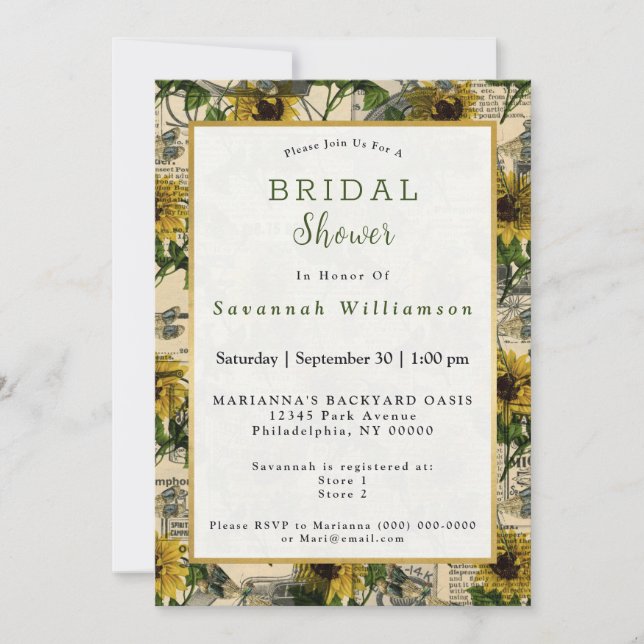 Retro Yellow Sunflower Newspaper Bridal Shower Invitation (Front)