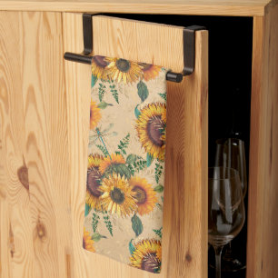 Retro Yellow Sunflowers Bouquet Dragonflies Kitchen Towel