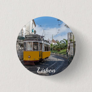 Retro yellow tram on street in Lisbon, Portugal 1 Inch Round Button