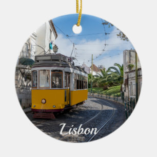 Retro yellow tram on street in Lisbon, Portugal Ceramic Ornament