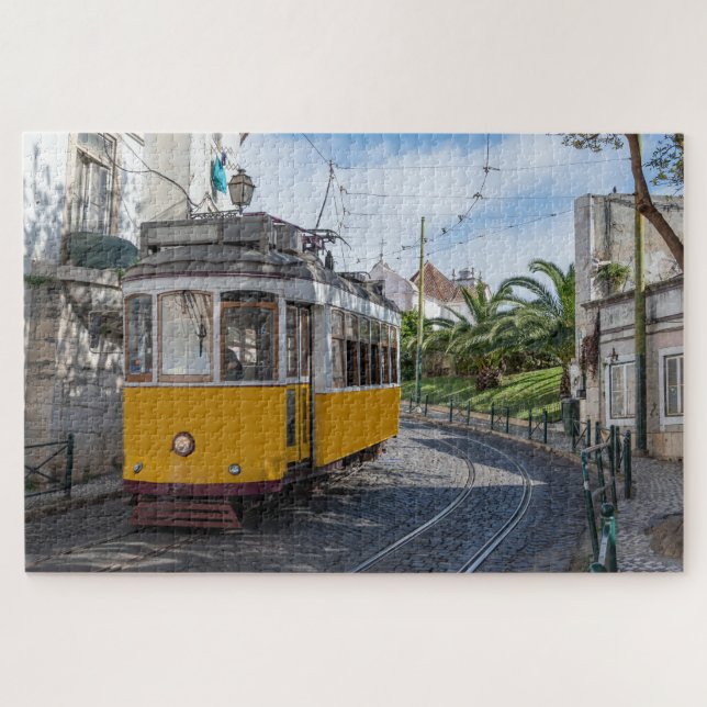 Retro yellow tram on street in Lisbon, Portugal Jigsaw Puzzle (Horizontal)