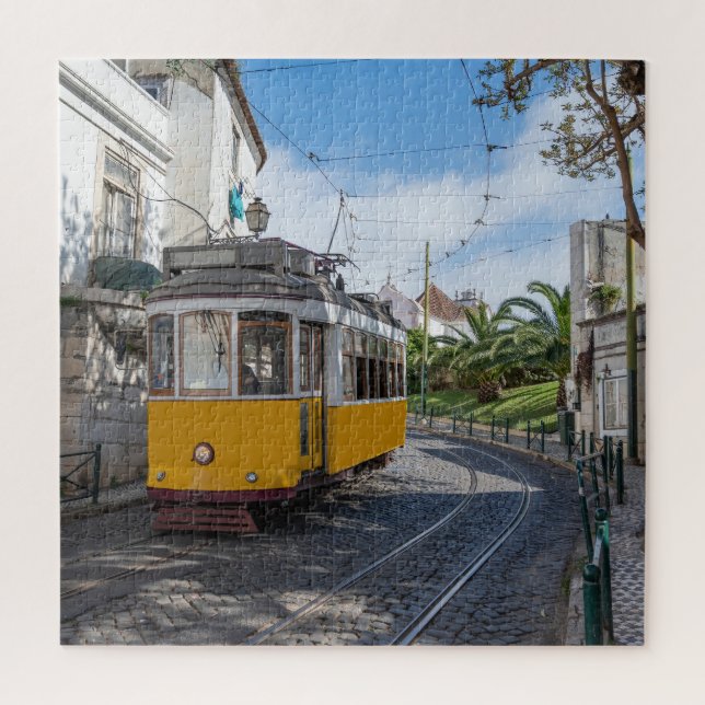 Retro yellow tram on street in Lisbon, Portugal Jigsaw Puzzle (Vertical)