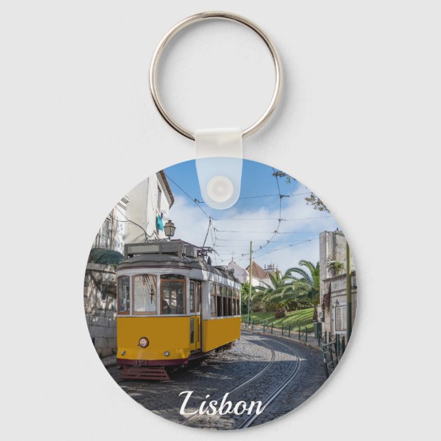 Retro yellow tram on street in Lisbon, Portugal Keychain (Front)