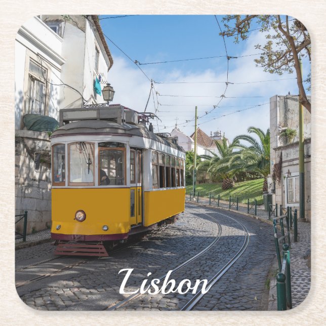 Retro yellow tram on street in Lisbon, Portugal Square Paper Coaster (Front)
