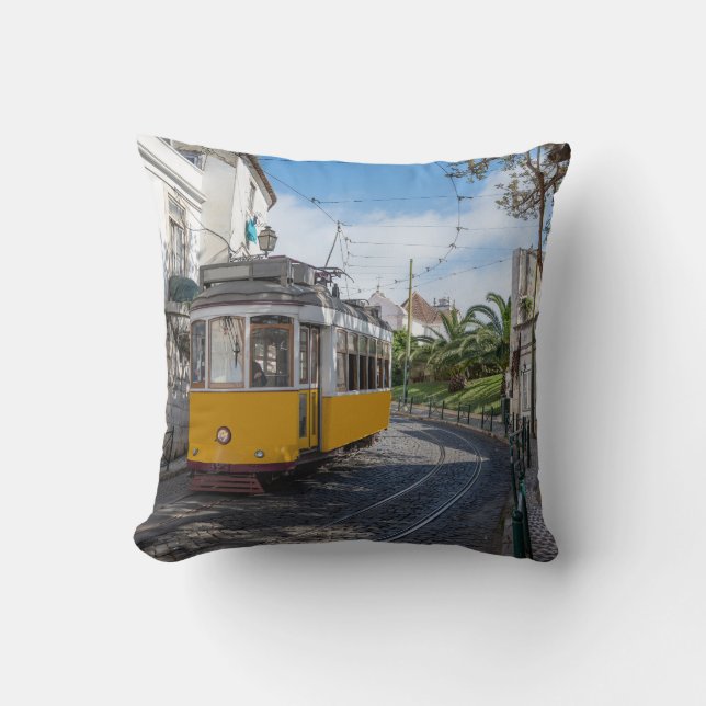 Retro yellow tram on street in Lisbon, Portugal Throw Pillow (Front)