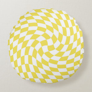 Retro Yellow White Checks Warped Checkered Round Pillow