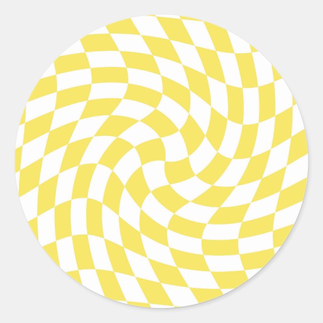 Retro Yellow White Warped Checks Chequered    Classic Round Sticker (Front)