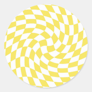 Retro Yellow White Warped Checks Chequered    Classic Round Sticker