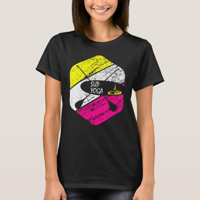 Retro Yoga Sup Paddle Board Warrior Pose Virabhadr T-Shirt (Front)