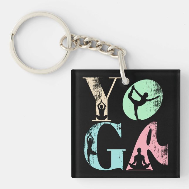 Retro Yoga Typography with Silhouettes of Poses  Keychain (Front)