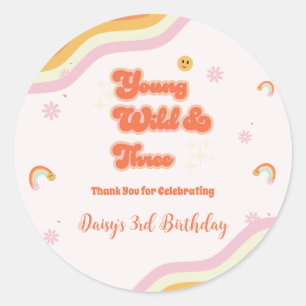 Retro Young Wild and Three Birthday Classic Round Sticker
