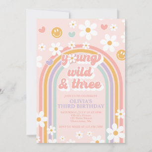 Retro Young Wild and Three Birthday Invitation