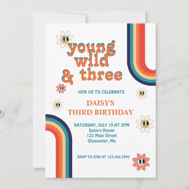 Retro Young Wild and Three Birthday Invitation (Front)