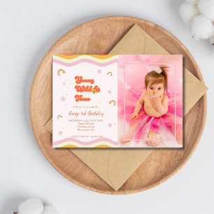 Retro Young Wild and Three Birthday Photo Invitation