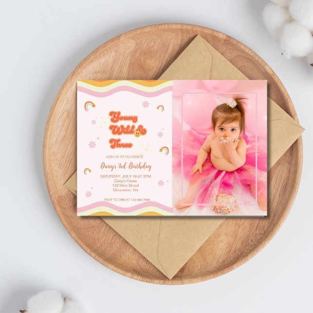 Retro Young Wild and Three Birthday Photo Invitation (Creator Uploaded)