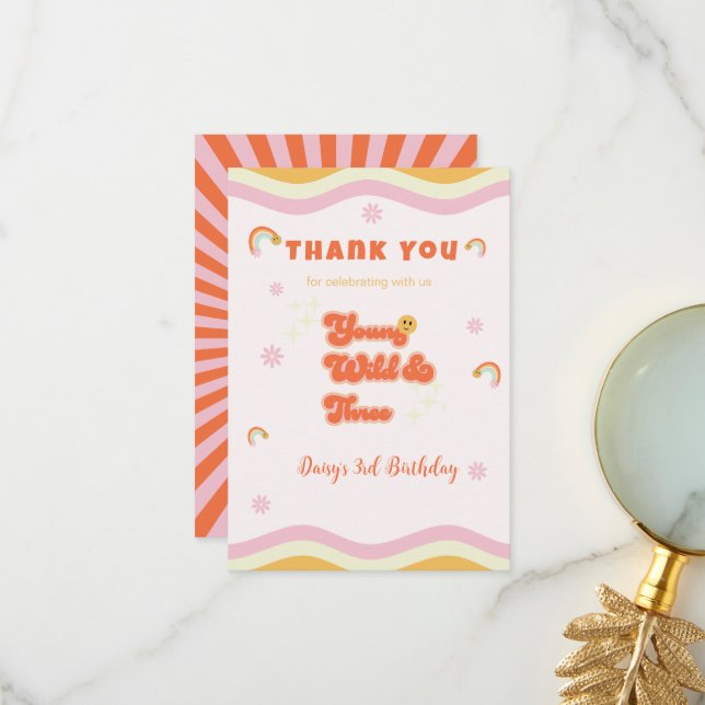 Retro Young Wild and Three Birthday Thank You Card (Front/Back In Situ)