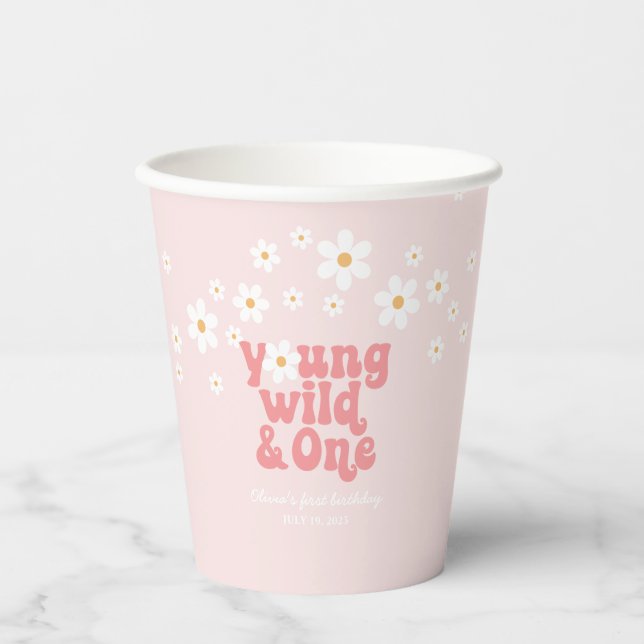 Retro Young Wild One daisy boho 1st birthday Paper Cups (Front)