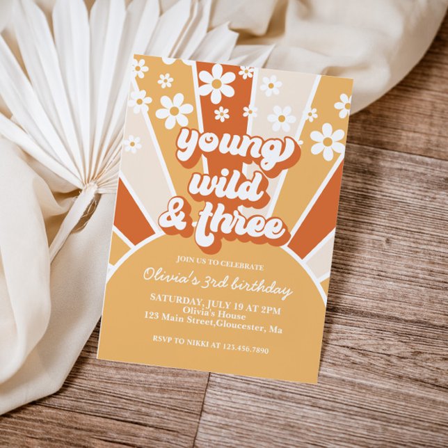 Retro Young Wild Three Burnt Orange Sunshine daisy Invitation (Creator Uploaded)