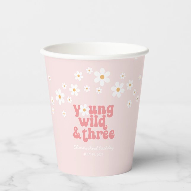 Retro Young Wild Three daisy boho 3rd birthday Paper Cups (Front)