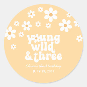 Retro Young Wild three Daisy floral 3rd birthday Classic Round Sticker
