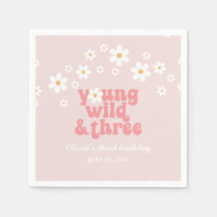 Retro Young Wild three Daisy floral 3rd birthday Napkin
