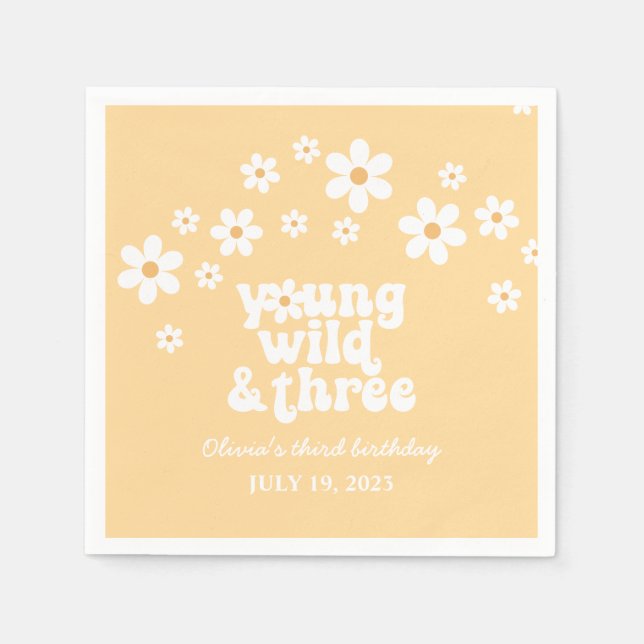 Retro Young Wild three Daisy floral 3rd birthday Napkin (Front)