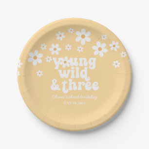 Retro Young Wild three Daisy floral 3rd birthday P Paper Plate
