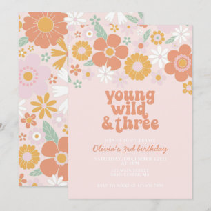 Retro Young Wild Three Floral 3rd birthday Invitation