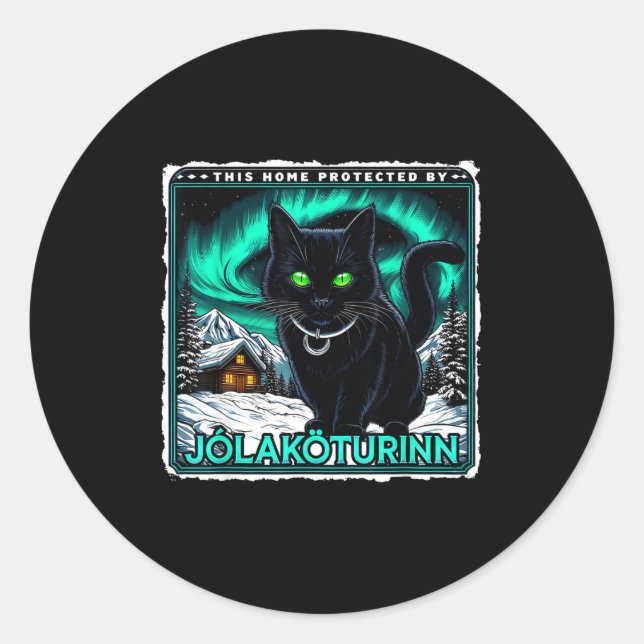 Retro Yule Cat Icelandic This Home Protected Jólak Classic Round Sticker (Front)
