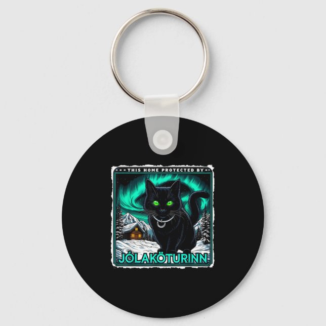 Retro Yule Cat Icelandic This Home Protected Jólak Keychain (Front)
