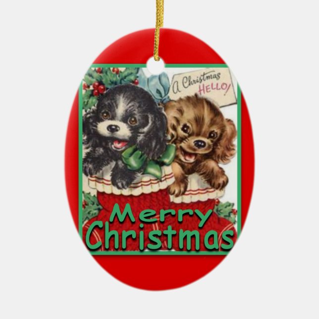 RetroChristmasPuppies-CERAMIC Oval Ornament (Front)